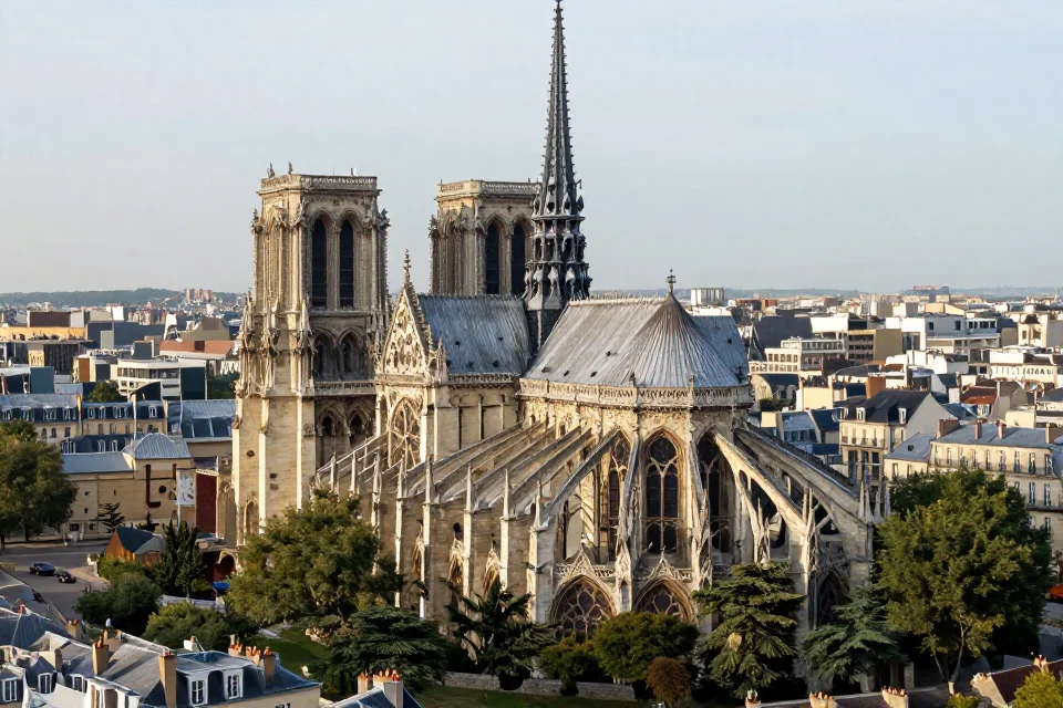 Vista panorámica de la Basílica de Saint-Denis en el skyline medieval de París, integración con el contexto urbano