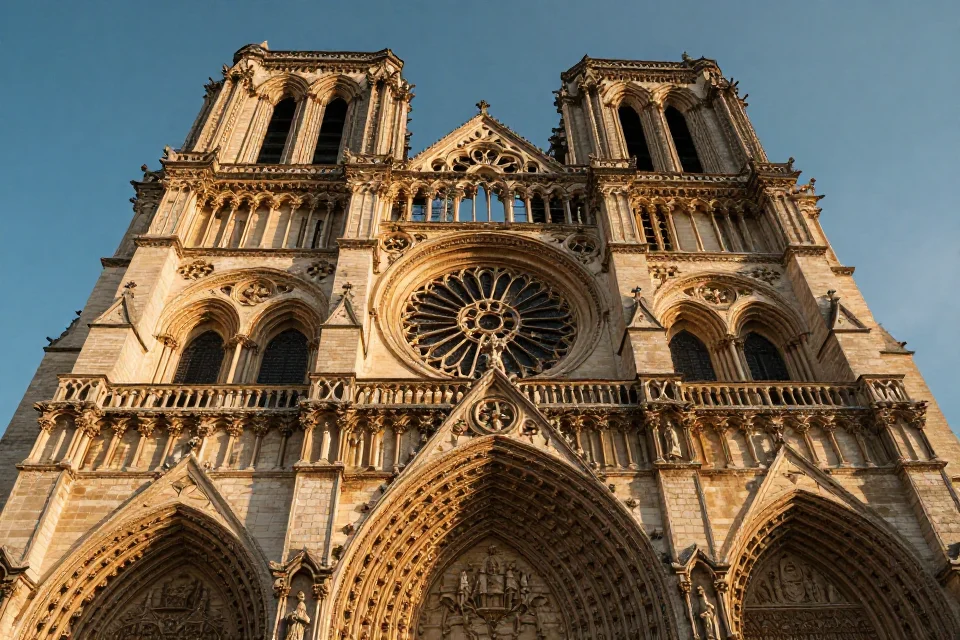 Detalles de la fachada de la Basílica de Saint-Denis con buttresas y vitral, iluminación dorada, perspectiva cinematográfica