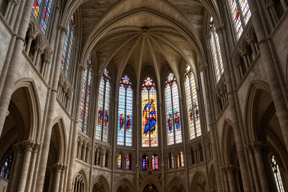 Interior de la nave de la Basílica de Saint-Denis con vidrieras y bóveda de piedra, luz natural y atmósfera misteriosa