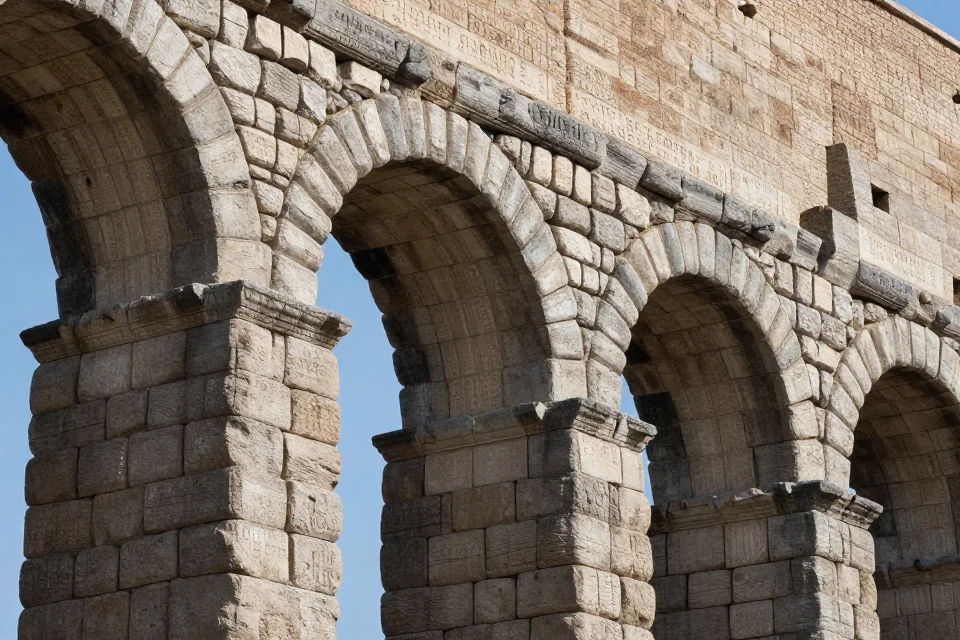 Detalles de la fachada de un acueducto romano, mostrando la precisión de la construcción y las inscripciones grabadas en piedra.