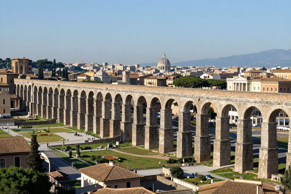 Perspectiva urbana del acueducto Aqua Appia, integrado en el paisaje romano con el skyline de la ciudad en segundo plano, destacando su infraestructura hidráulica.