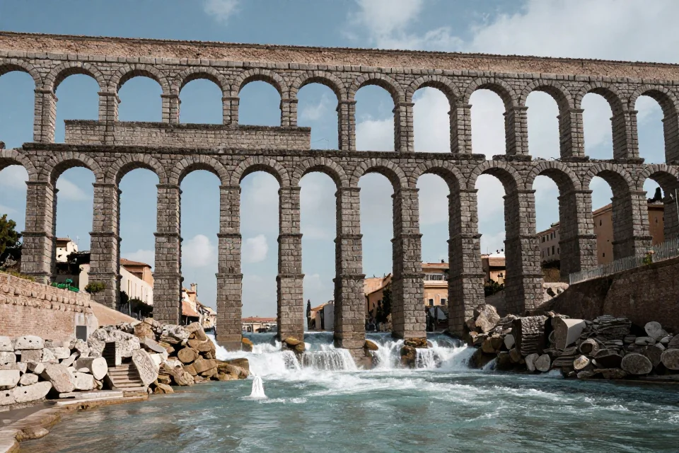 Detalles del acueducto romano con flujo de agua que destacan la innovación ingenieril y la utilidad pública