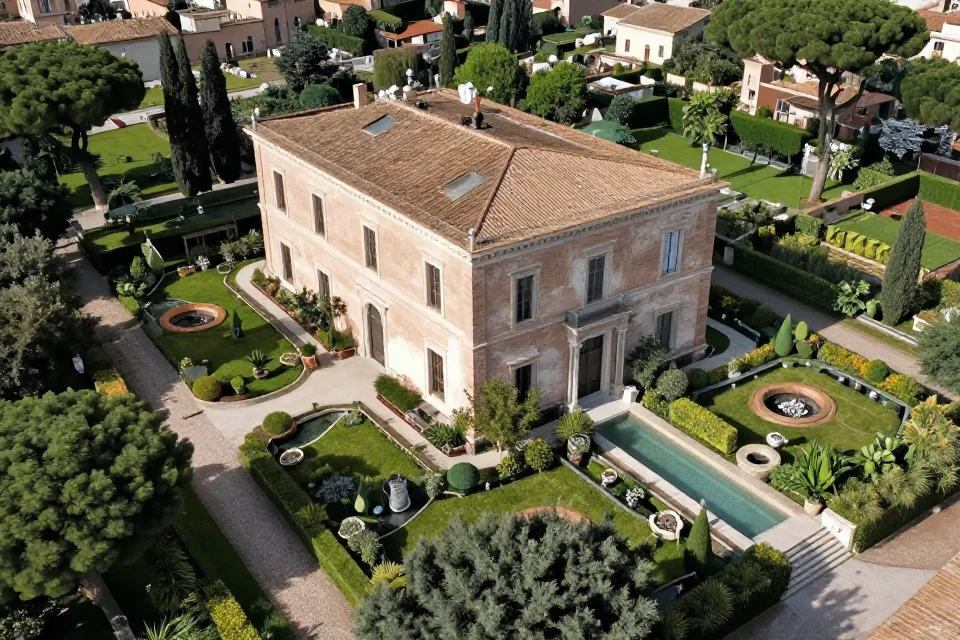 Perspectiva aérea de una villa romana con jardines integrados que reflejan la fusión de la naturaleza y el diseño urbano