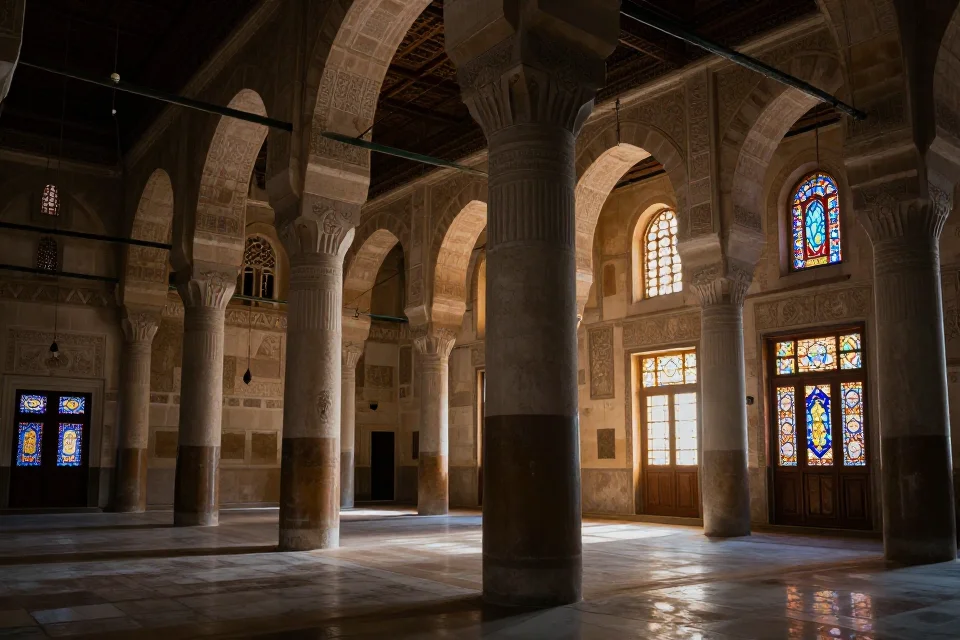 Interior de la mezquita con columnas altas, estucos intrincados y luz natural filtrada por vidrios coloridos, destacando su arquitectura sofisticada.