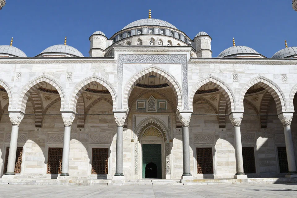 Fachada de la mezquita de Al-Hakam II con arcos de herradura, marmol blanco y patrones geométricos, iluminada por la luz del atardecer.