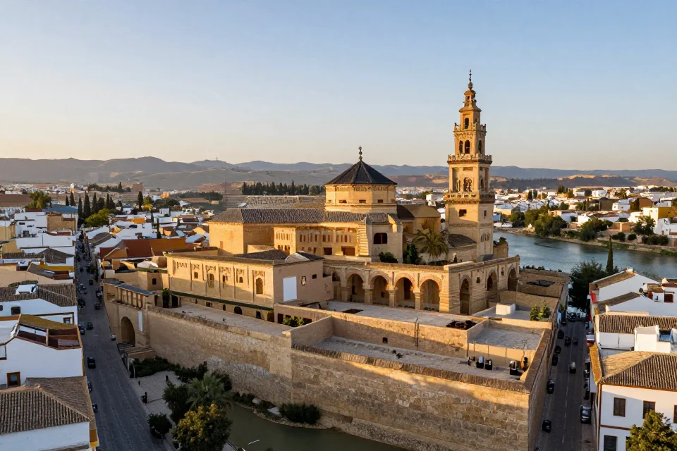 Perspectiva panorámica de la mezquita de Al-Hakam II en el centro de Córdoba, integrada al paisaje urbano y el río Guadalquivir bajo el cielo dorado.