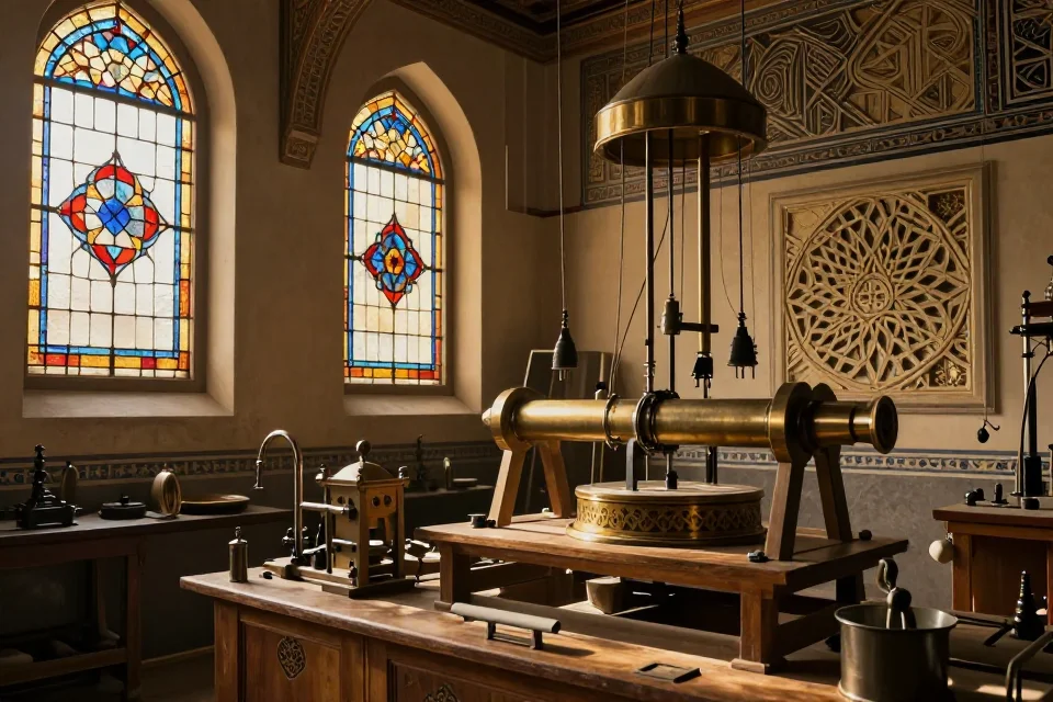Interior del estudio de Al-Jazari con dispositivos hidráulicos, vidrieras y patrones geométricos, iluminación de hora dorada