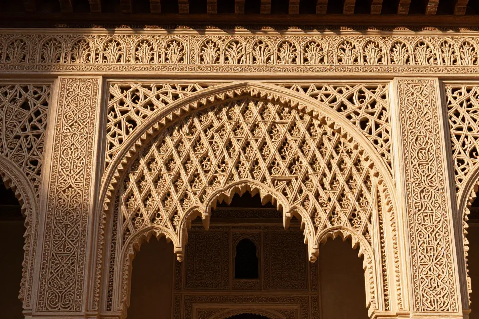 Detalles de la fachada de la Alhambra con patrones geométricos islámicos, iluminación dorada y esculturas de piedra tallada