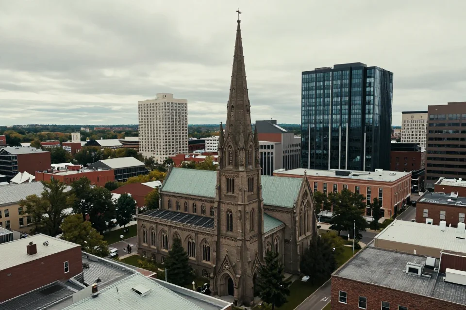 Perspectiva urbana de la iglesia de Goodhue integrada al skyline moderno, composición cinematográfica de arquitectura histórica y contemporánea