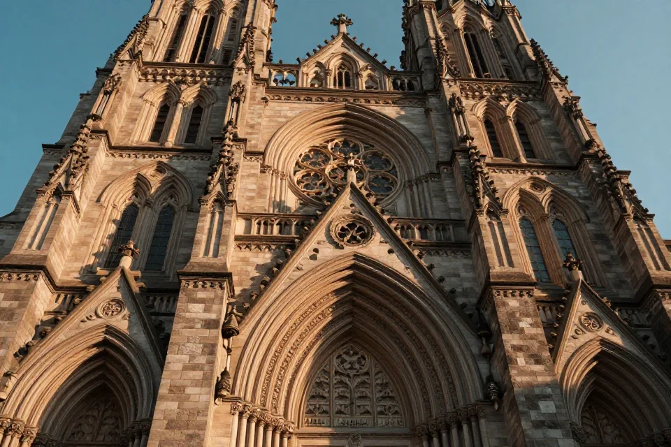 Detalles de la fachada neogótica de una iglesia de Goodhue, esculturas en piedra y arcos puntiagudos bajo luz dorada