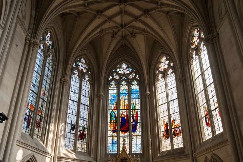 Interior de una nave neogótica con vidrieras, patrones de luz natural y estructura geométrica del techo
