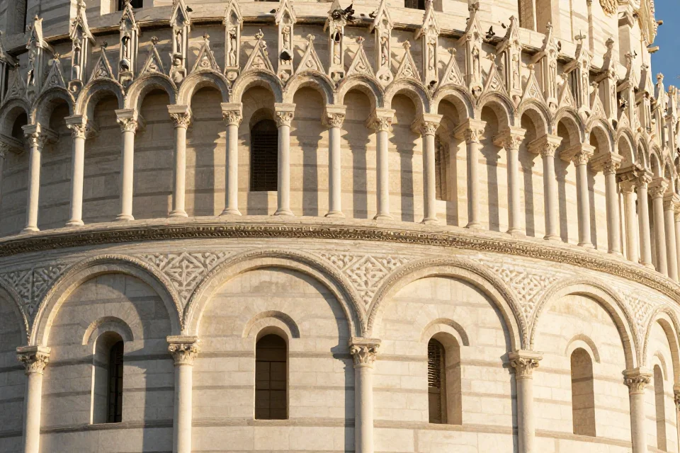 Fachada de la catedral de Pisa con detalles románicos en piedra, patrones geométricos y elementos estructurales bajo luz dorada