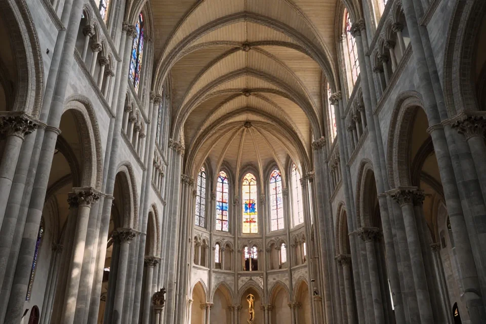 Interior de la catedral de Pisa con bóvedas de arco ribado, luz natural a través de vidriería y detalles en piedra
