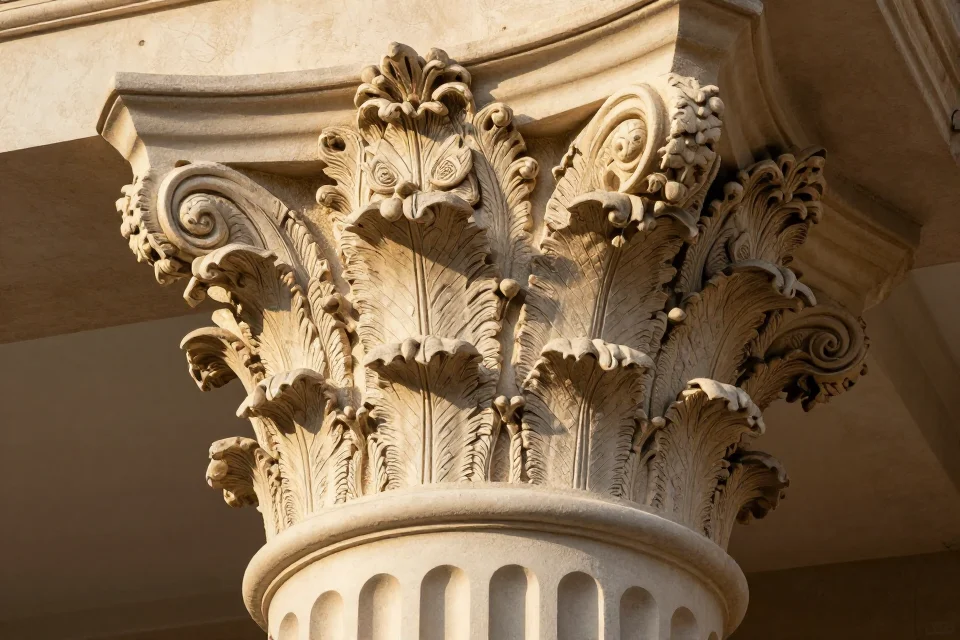 Detalle en primer plano de las columnas corintias de la Biblioteca de Alejandría, mostrando su decoración elaborada y la perfección en la proporción arquitectónica