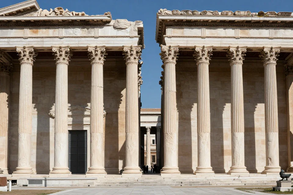 Comparativa de la arquitectura griega y romana, destacando la influencia de Calímaco en la adopción del orden corintio en estructuras romanas