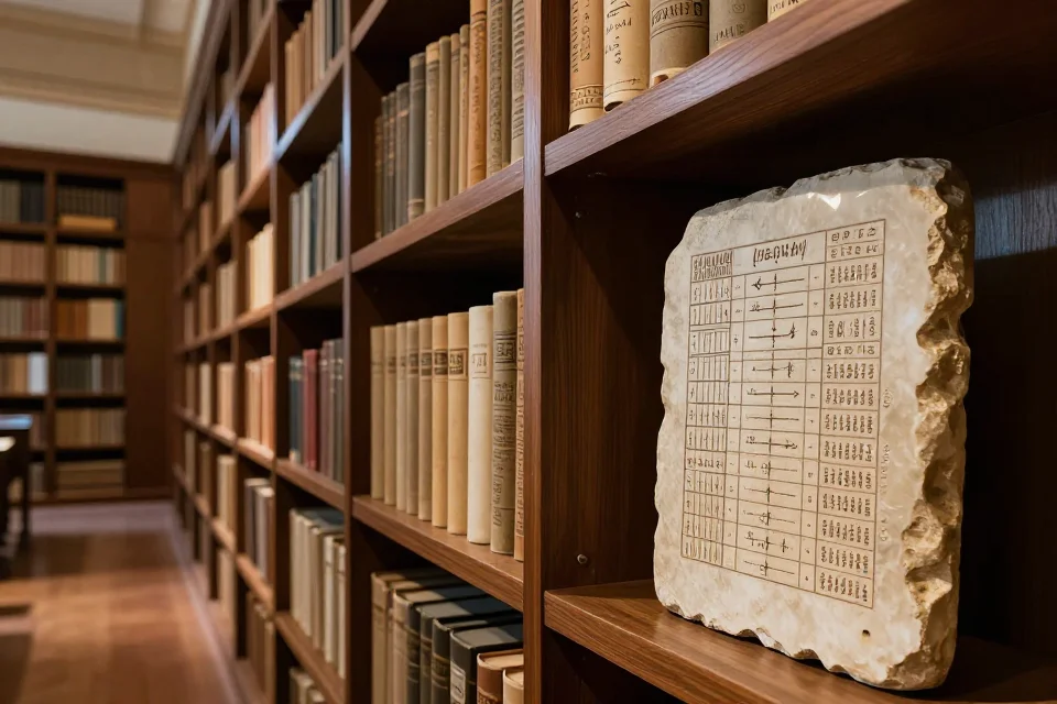 Perspectiva interior de la Biblioteca de Alejandría mostrando estanterías con rollos de papiro y un sistema de catalogación, destacando su función como centro de conocimiento