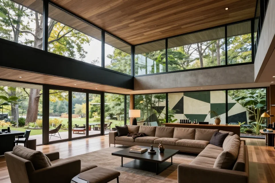 Interior de la Casa de la Cascada con espacio abierto, luz natural que entra por las paredes de vidrio y geometría que refleja la arquitectura orgánica