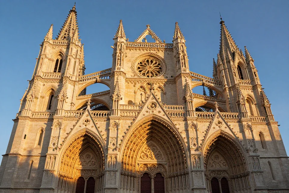 Fachada de la catedral de Burgos con detalles de piedra tallada, arcos góticos y estructuras de apoyo en luz dorada