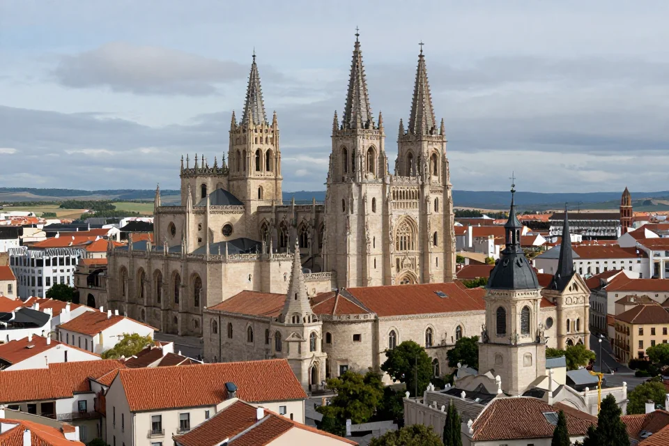 Perspectiva urbana de la catedral de Burgos en medio del paisaje medieval, destacando su integración arquitectónica con el entorno