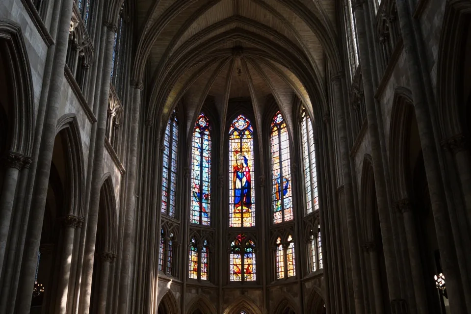 Interior de la catedral de León con luz natural a través de vidrieras, patrones geométricos y bóvedas en composición cinematográfica