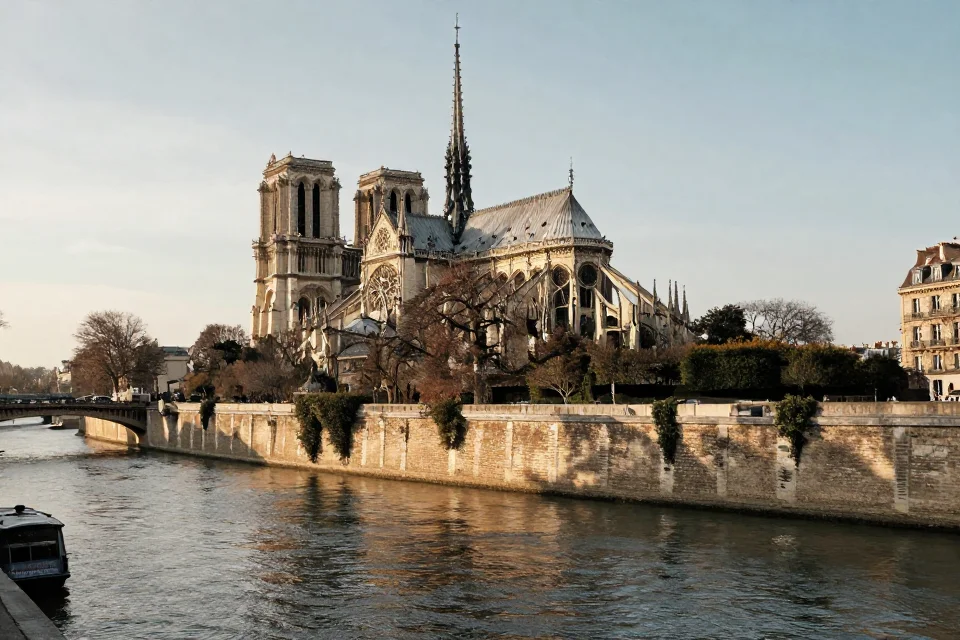 Perspectiva urbana de la catedral desde el río Sena, mostrando su spire frente al skyline de París con reflejos en la superficie del agua.