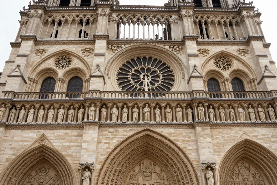 Detalles de la fachada de la catedral con el vitral de la rosa y esculturas en piedra, resaltando la arquitectura gótica y la artesanía histórica.