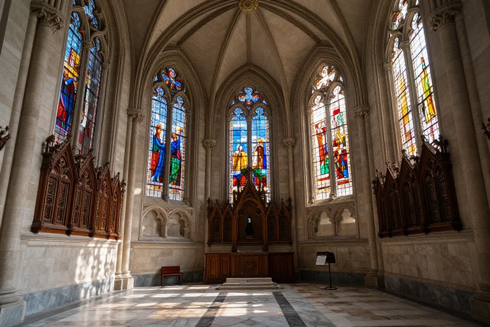 Interior de la nave con luz natural que atraviesa el vidrio colorido, proyectando sombras dramáticas sobre el suelo de mármol y la geometría de la bóveda.