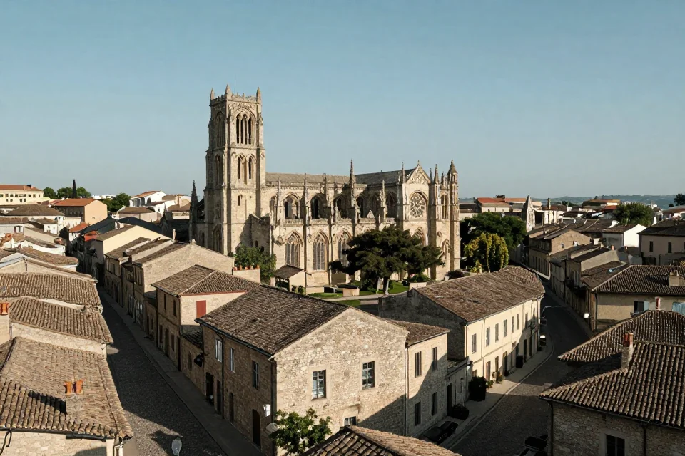 Perspectiva urbana de una catedral románica en medio de un casco histórico medieval