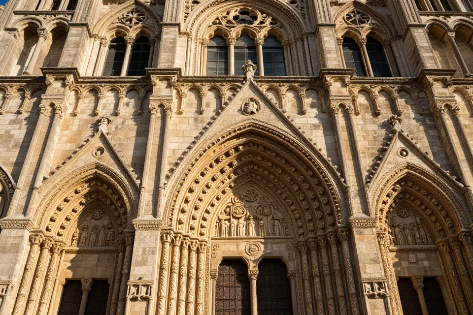 Fachada de una catedral románica con detalles en piedra, iluminación dorada, texturas de obra maestra