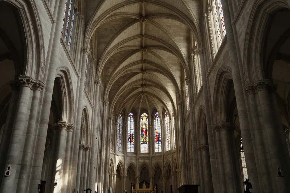 Interior de una nave románica con bóvedas de arbotantes, luz natural a través de vidrieras y sombras dramáticas
