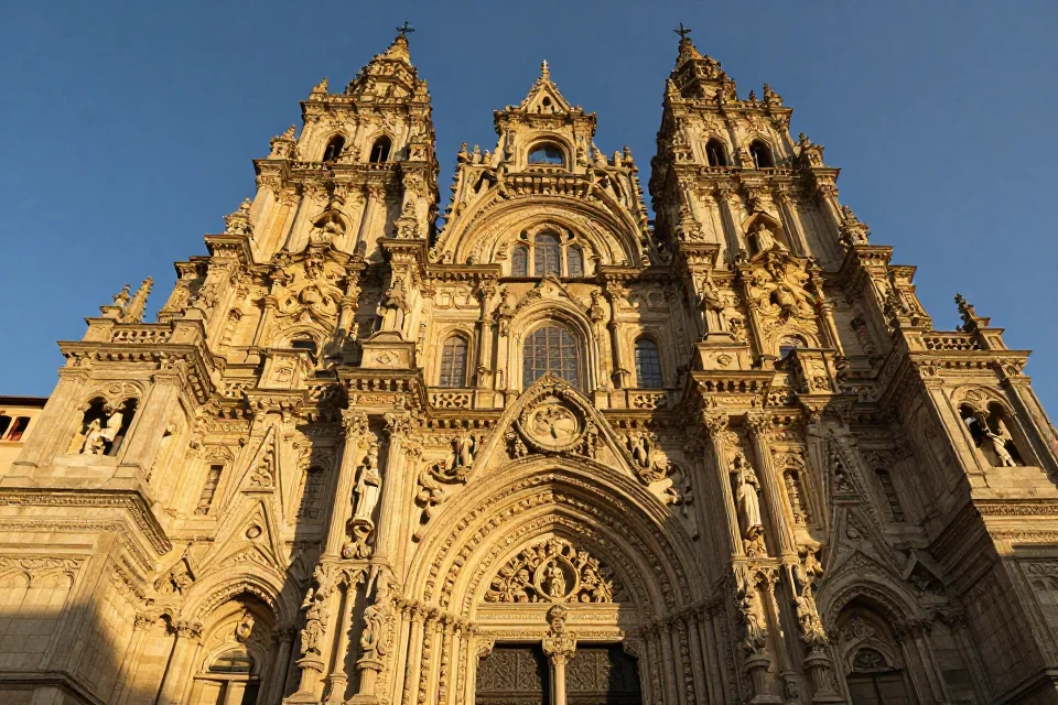 Detalles de la fachada románica de la catedral de Santiago, con elementos constructivos y materiales medievales en luz dorada