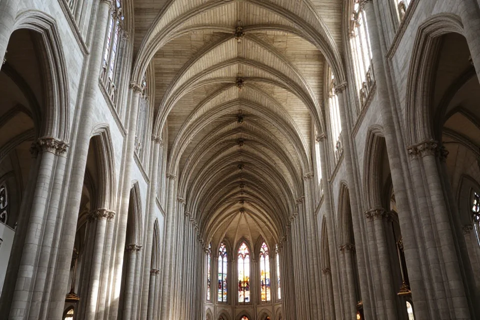 Interior de la catedral de Santiago con bóveda de cañón, iluminación natural y patrones geométricos del románico