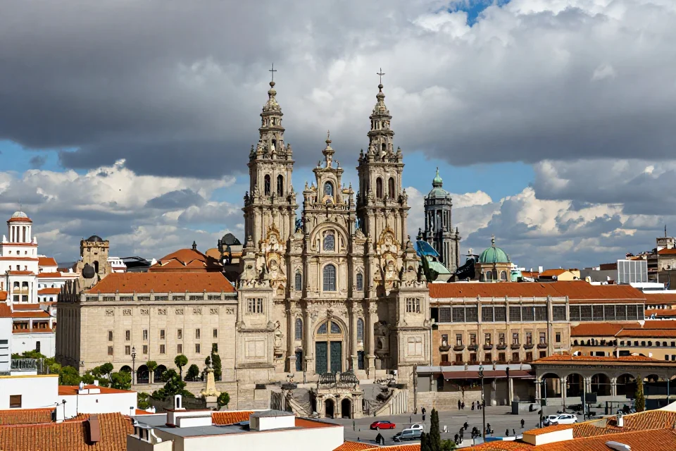 Perspectiva panorámica de la catedral de Santiago de Compostela integrada en el paisaje urbano medieval