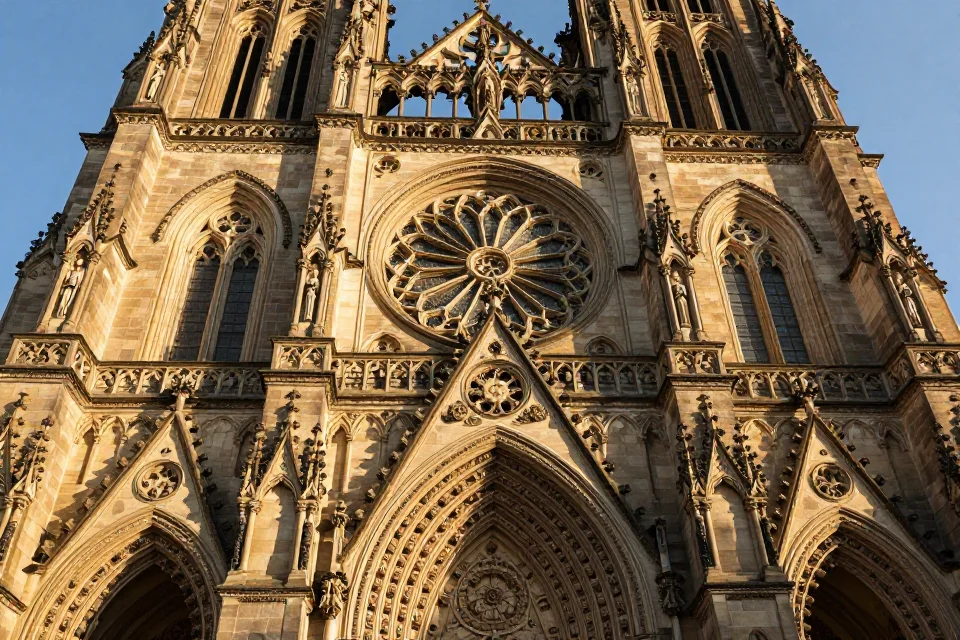 Fachada detallada de la catedral de Schwäbisch Gmünd con esculturas góticas, arcos apuntados y vitral, capturada al atardecer.