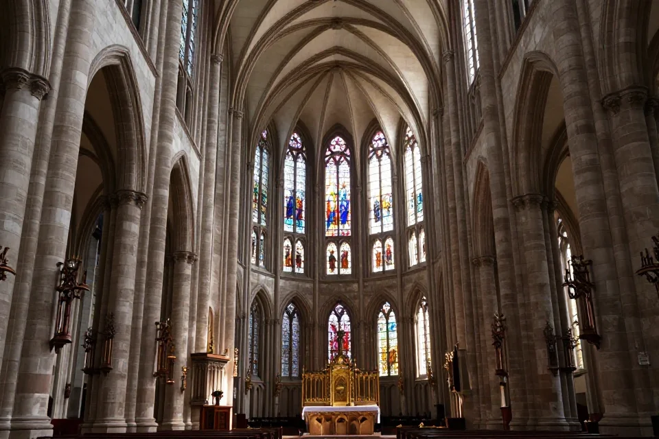 Interior de la catedral de Schwäbisch Gmünd con luz natural filtrada por el vitral, bóveda y geometría espacial elegante.