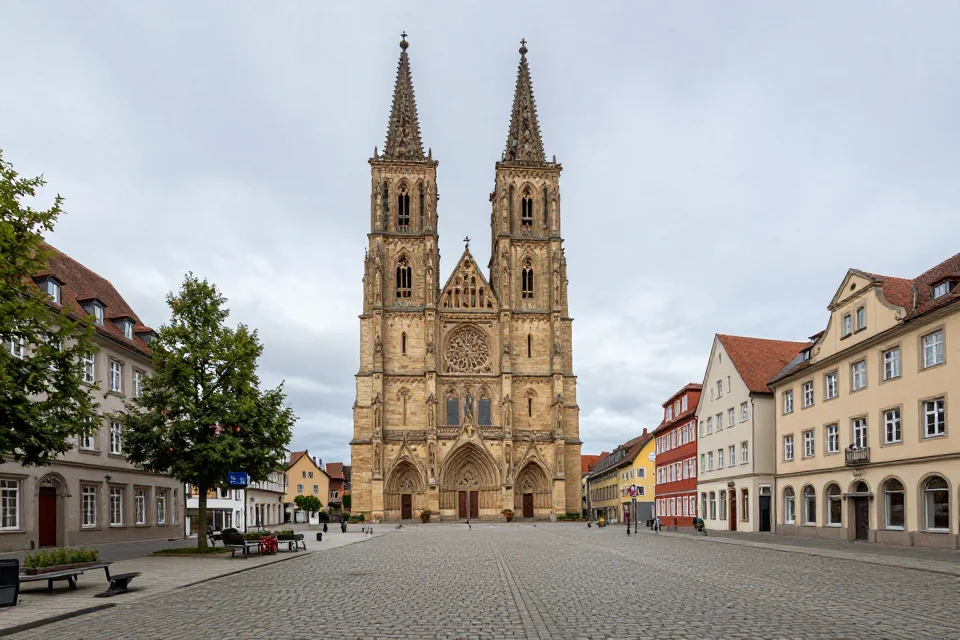 Perspectiva panorámica de la catedral de Schwäbisch Gmünd desde la plaza urbana, destacando su verticalidad en el paisaje medieval.