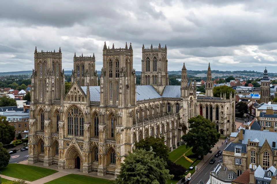 Vista panorámica de la Catedral de Wells integrada al paisaje urbano medieval, mostrando su relación con el entorno arquitectónico histórico de la ciudad