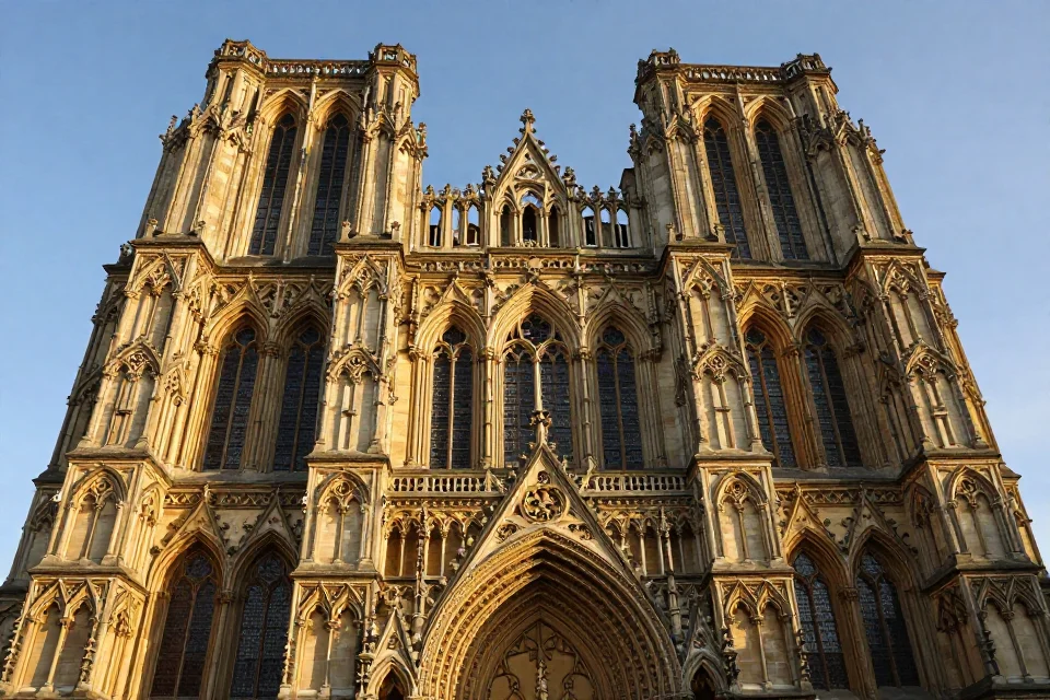 Fachada de la Catedral de Wells con detalles estonados, vidrieras y arcos góticos bajo la luz dorada del atardecer, destacando la estructura del edificio medieval