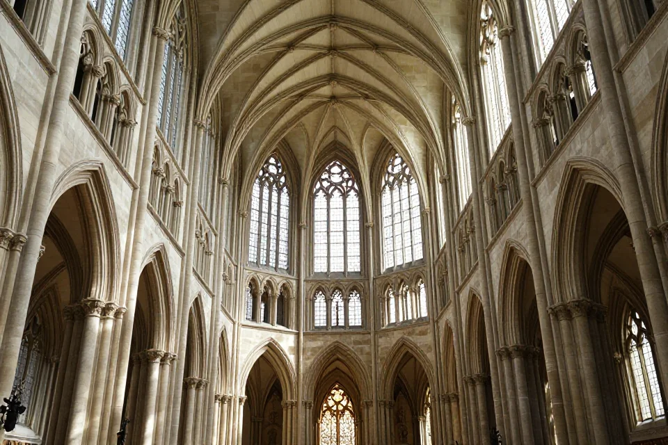 Interior de la nave de la Catedral de Wells con bóvedas de nervios, luz natural filtrada por ventanas altas y patrones geométricos típicos del estilo gótico perpendicular