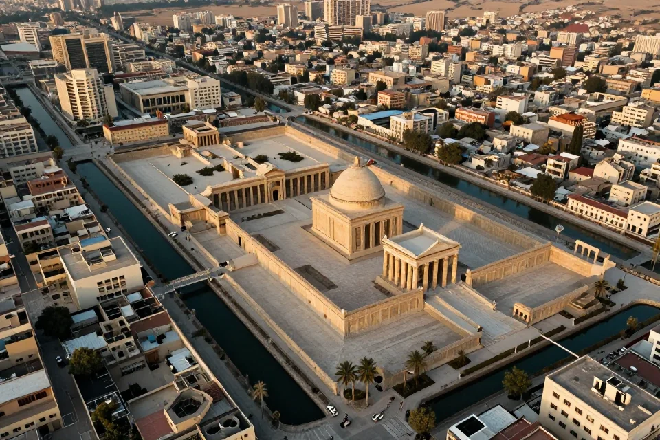Vista aérea de Babilonia con el Templo de Marduk en el centro, canales, edificios administrativos y áreas residenciales, iluminación cinematográfica con tonos del atardecer, destacando la integración funcional de la ciudad.