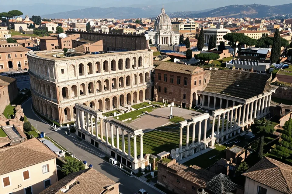 Perspectiva aérea de la ciudad romana con arcos, columnas y estructuras integradas al paisaje