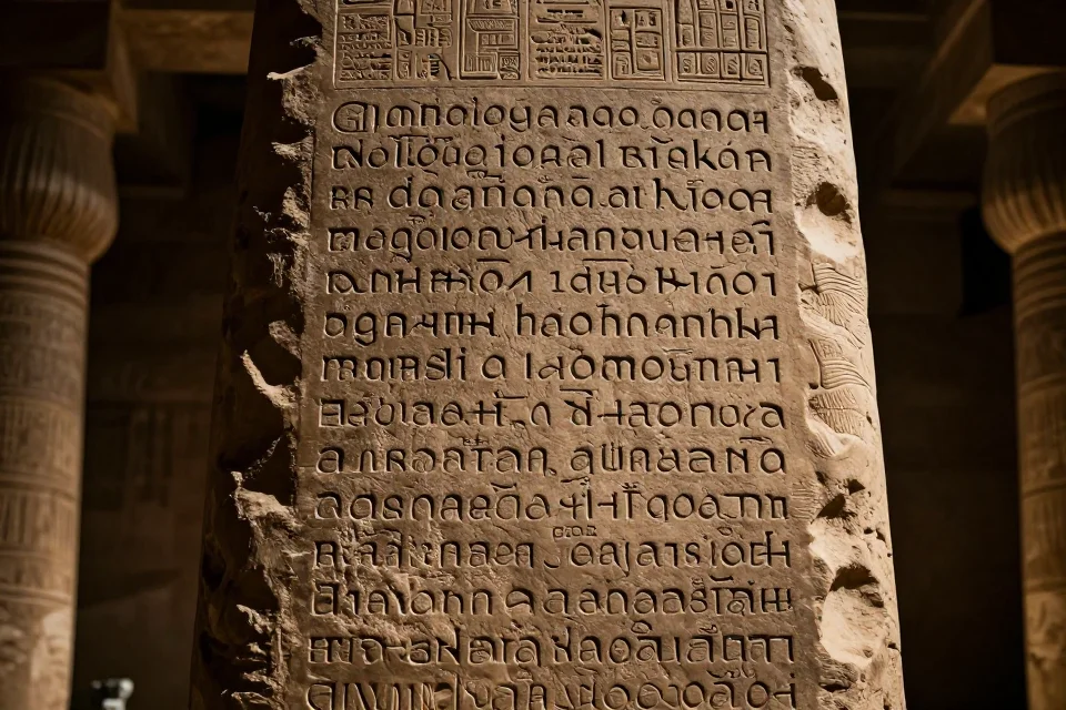 Detalle del Estela de las Leyes de Hammurabi con grabados intricados, iluminación dramática resaltando el texto legal, rodeado de arquitectura babilónica antigua, composición cinematográfica con sombras profundas y autoridad.