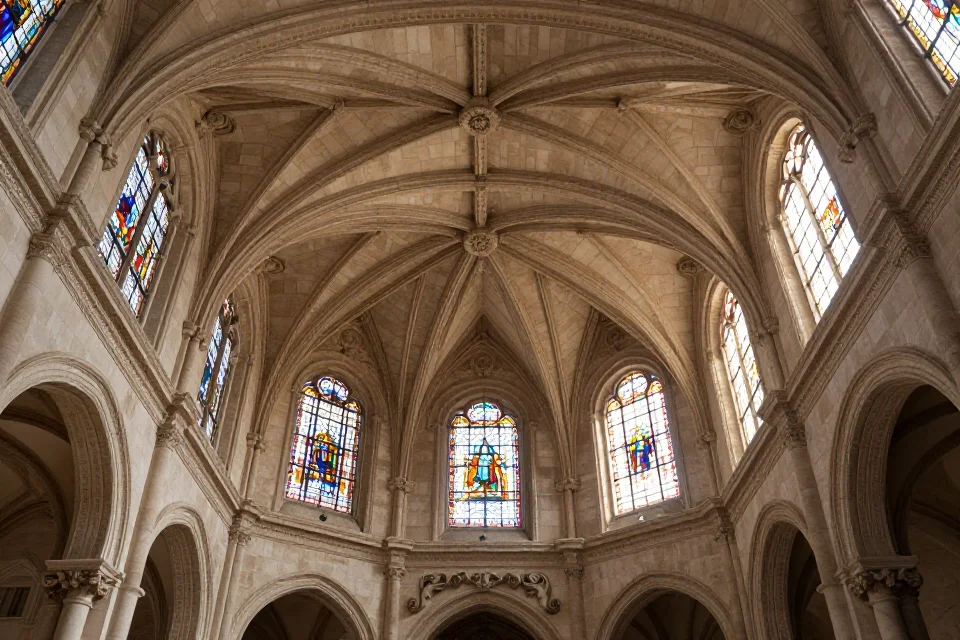 Interior del Colegio Mayor de San Ildefonso con bóveda estucada, luz natural a través de vidriería y proporciones renacentistas.