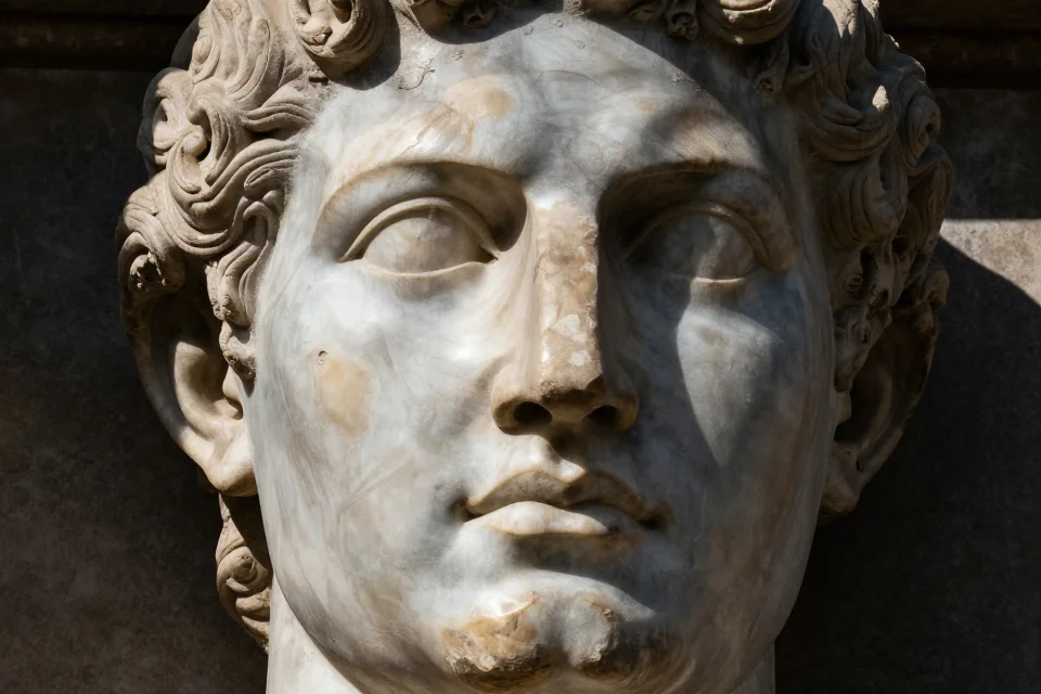 Cerca de la estatua del Coloso de Nerón, detalles de la cara de mármol antiguo con sombras dramáticas y reflejos solares, simbolizando su papel como monumento propagandístico