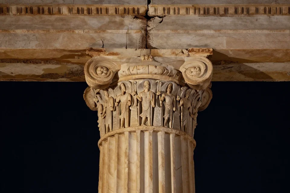 Foto nocturna misteriosa de una columna helenística-romana con motivos griegos, iluminada por luz suave para resaltar la fusión de estilos artísticos en la arquitectura antigua