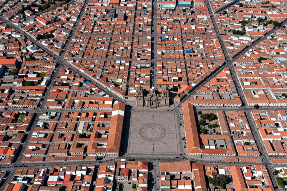 Plano aéreo de Cusco, revelando su planificación geométrica, la plaza central y la alineación de edificios con eventos astronómicos, reflejando la organización imperial de Pachacútec.