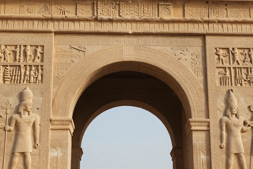 Detalle de la entrada monumental con relieves de conquistas militares y símbolos divinos, iluminación suave del amanecer resaltando los detalles de la piedra