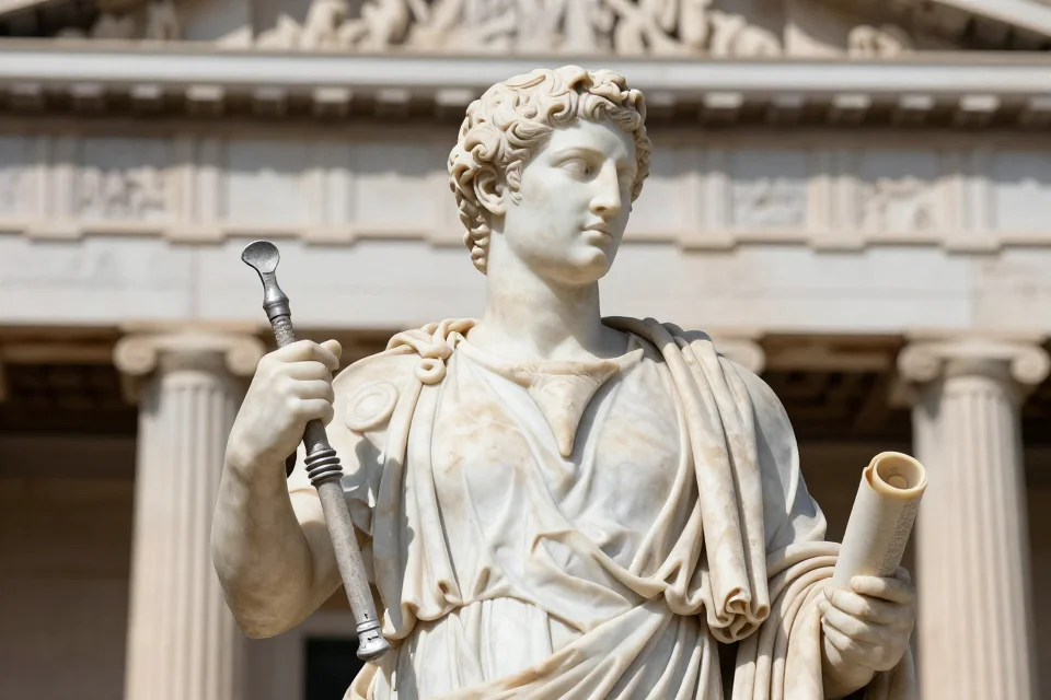 Detalle de la escultura de Pitio de Priene con herramientas arquitectónicas y un rollo, fondo con decoraciones clásicas del templo