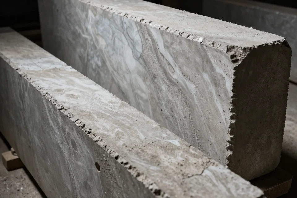 Detalles de texturas de concreto y mármol en una obra romana con iluminación dramática