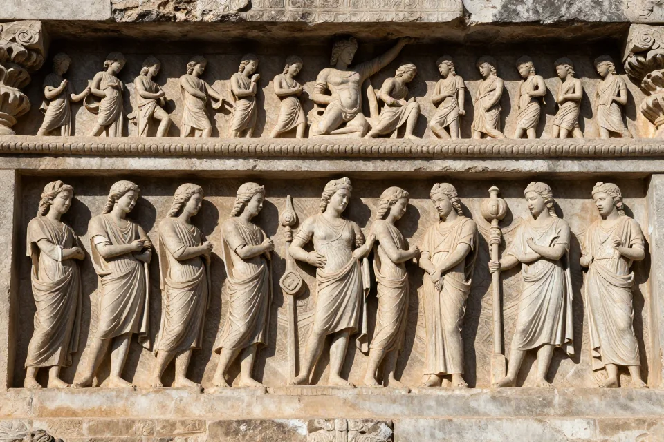 Decoración artística del friso con metopes escultóricos en detalle